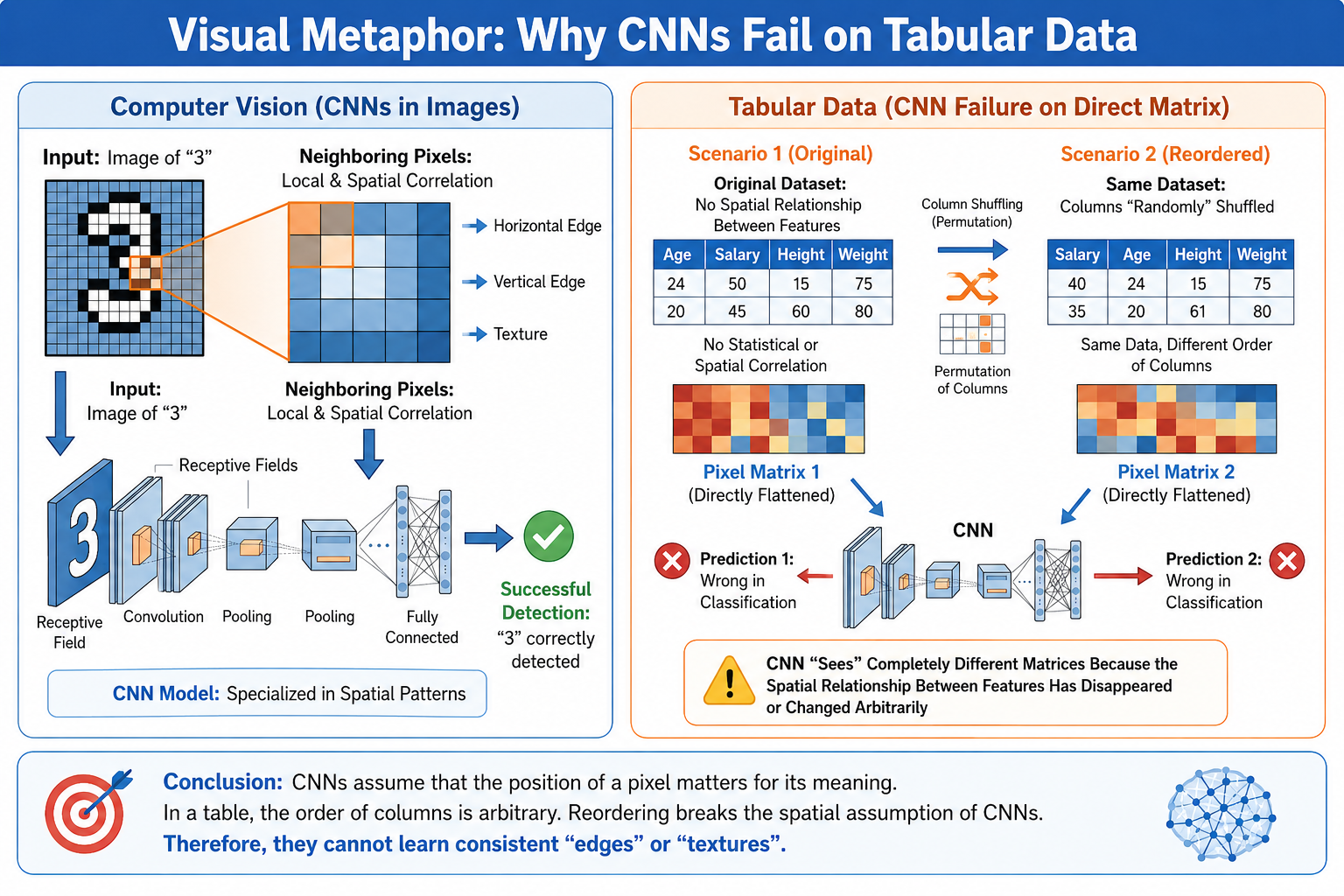 Why CNNs fail on direct tabular matrices