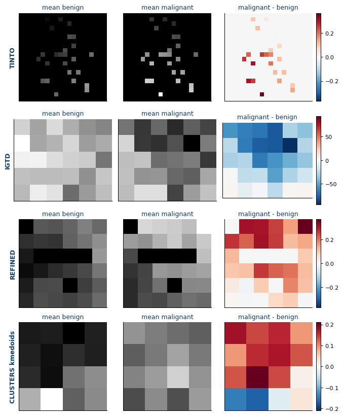 Training-set mean synthetic images and class differences for four representations. These are descriptive visualizations, not causal explanations.