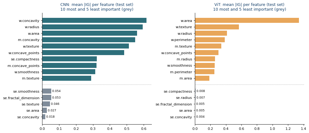 Global feature-importance profiles across the test set for CNN and ViT, compared with a tabular reference.